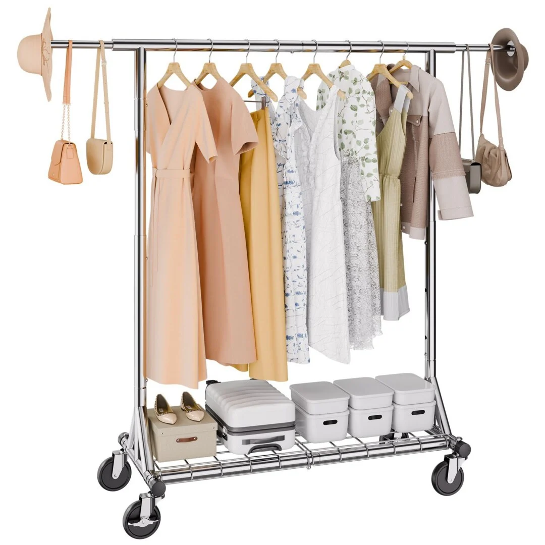 Heavy Duty Clothes Rack, Double Hanging Rod Clothing Garment Rack for Hanging Clothes, Adjustable Height and Extendable Length Clothing Rack with Bottom Storage Area, 272 kg Load Capacity