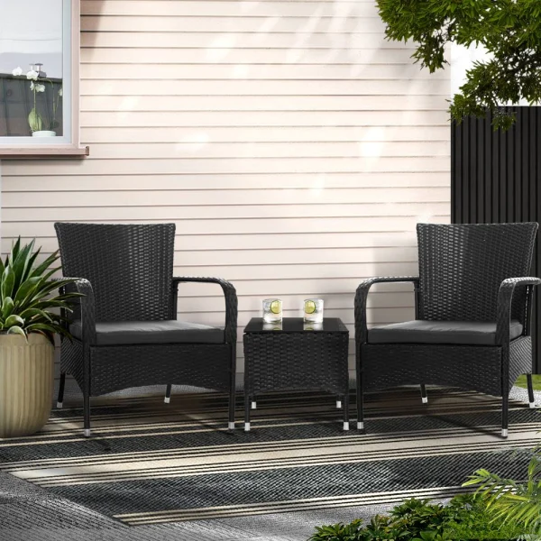 Gardeon 3-Piece Outdoor Bistro Set Patio Furniture Wicker Setting Chairs Table Luca