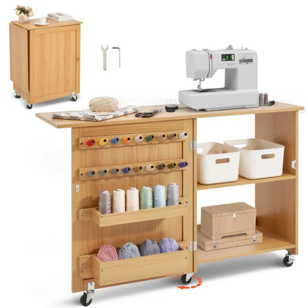 Folding Sewing Table with Lockable Wheels Shelves Trays Door Wood Colour