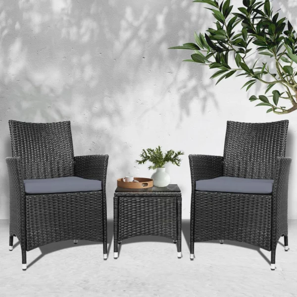 Gardeon 3-Piece Outdoor Bistro Set Patio Furniture Wicker Chairs Table Cushion All – Black