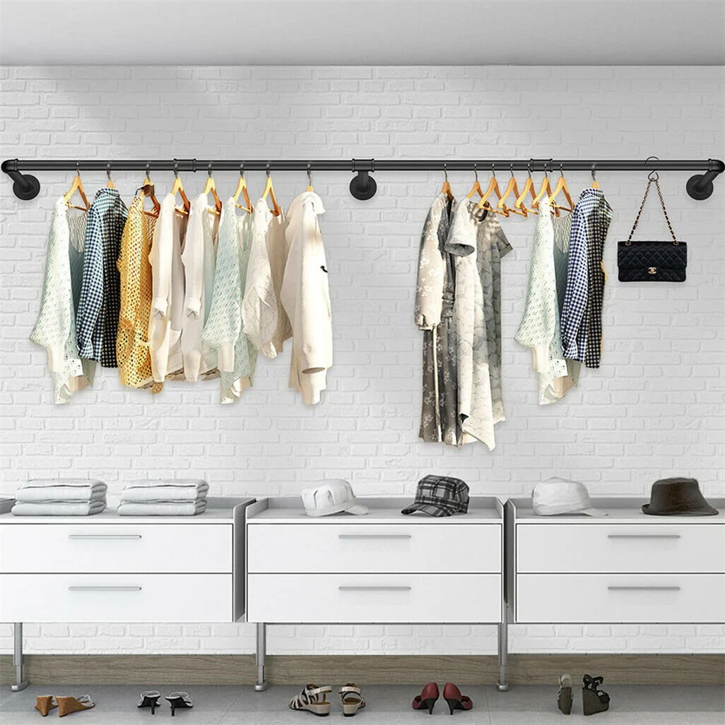 Industrial Iron Pipe Clothes Rail Vintage Wall Shelf