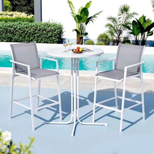 Gardeon 3-Piece Outdoor Bar Set Stools Dining Chairs Table Patio Furniture Bistro Set Steel – White
