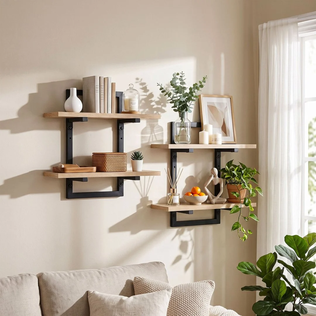 Artiss Set of 2 Floating Wall Shelf 2-Tier Wall-Mounted Display Ledge Wood & Metal