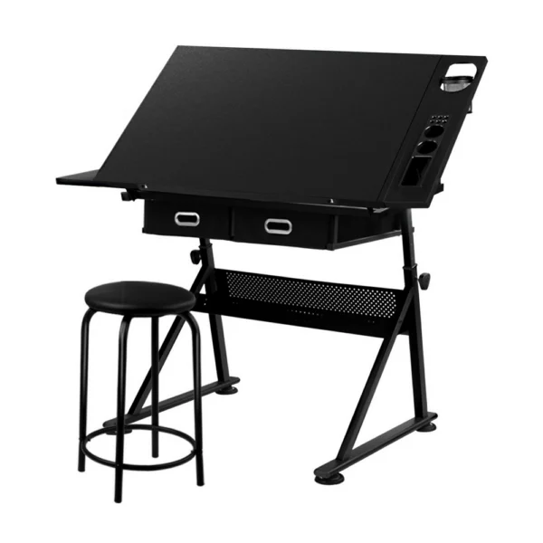Artiss Drawing Desk Stool Set Drafting Table Adjustable Angle Tilt Drawers – Black
