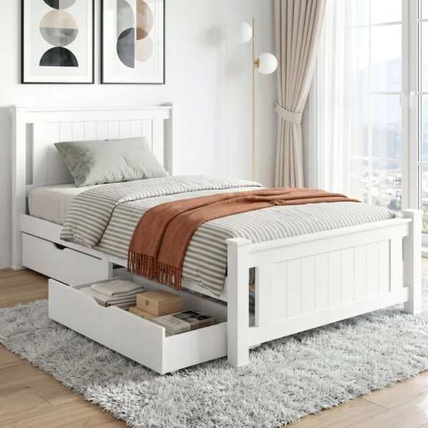 Artiss RIO King Single Wooden Platform with 2 Storage Drawers Bed Frame – White