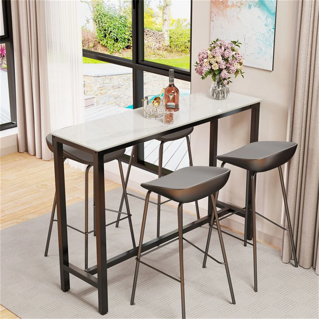 Xxl Marble-Look Sintered Stone Kitchen Bar Table Counter Breakfast Dining Table W/ Thicken Metal Leg