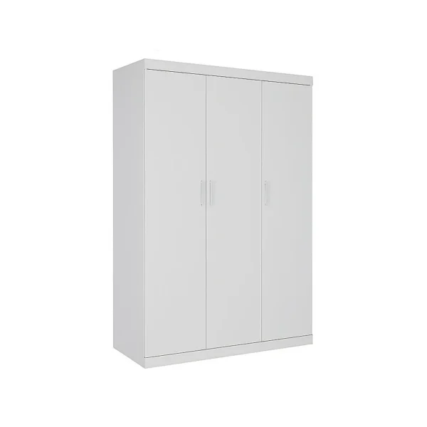 3 Door White Wardrobe – White Handles, Hanging Rail & Shelves