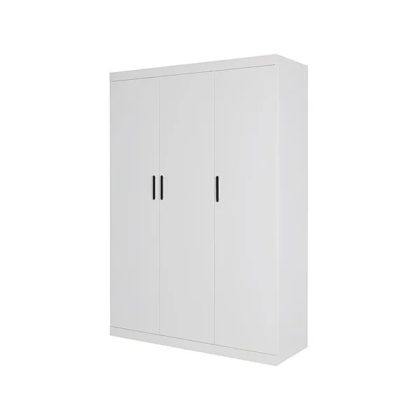 3 Door White Wardrobe – Black Handles, Hanging Rail & Shelves