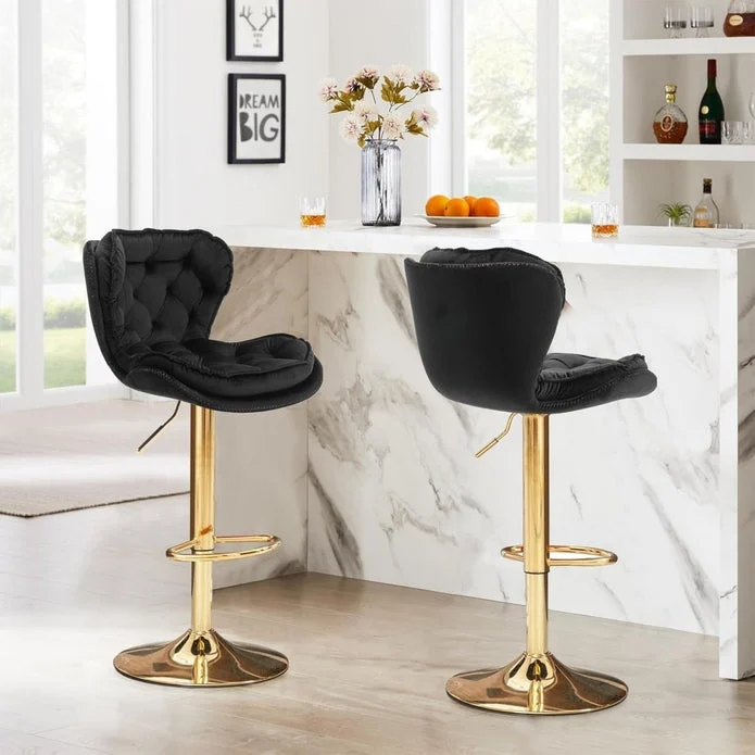 SERENITà Swivel Bar Stools Set of 2 Counter Height Barstools with Back Velvet Upholstered Adjustable Stool Chair Mid Century Modern Bar Stool for Kitchen Island (Black)