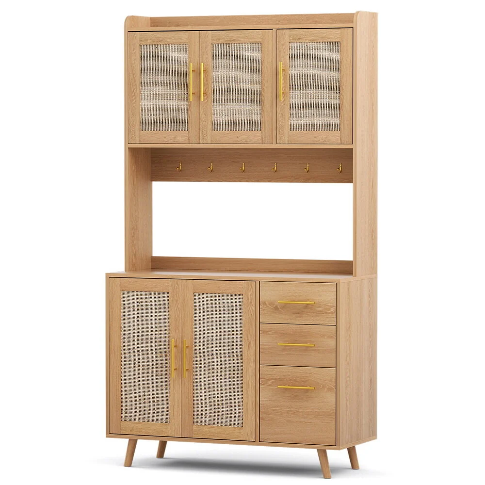 Artiss Buffet Sideboard Hutch Storage Cabinet Kitchen Cupboard Hooks Rattan – Pine