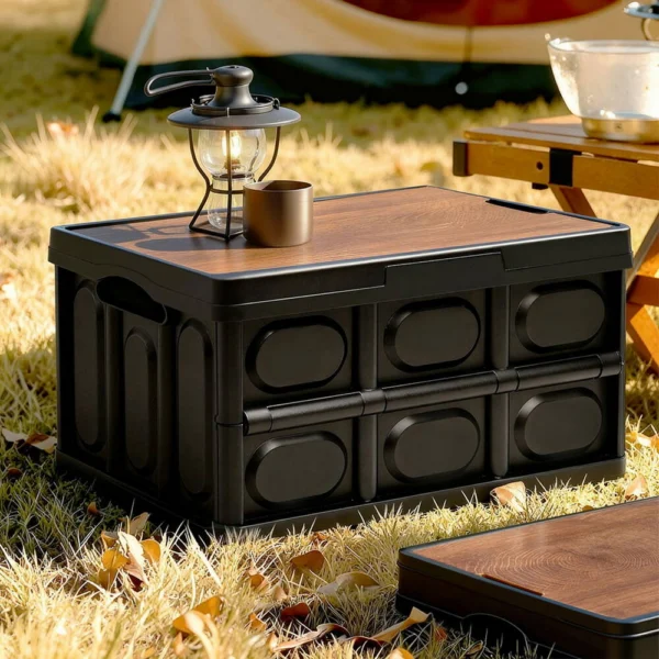 Gardeon Collapsible Outdoor Storage Box 50L Stackable Folding Camping Organiser Plywood Lid – Black