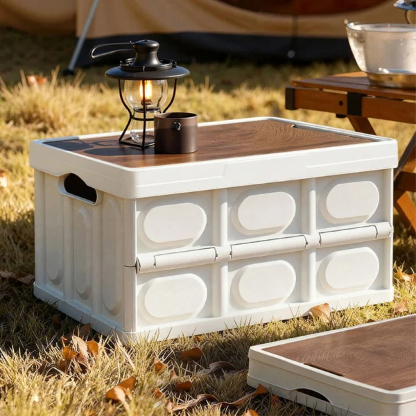 Gardeon Collapsible Outdoor Storage Box 50L Stackable Folding Camping Organiser Plywood Lid – Beige