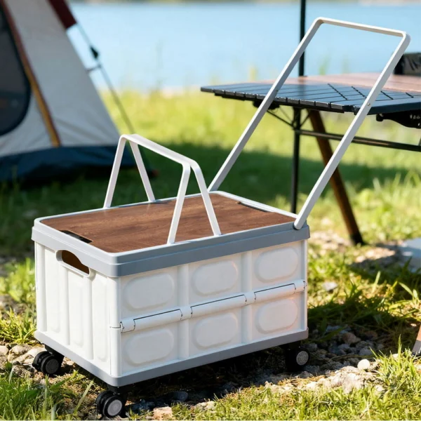 Gardeon Collapsible Outdoor Storage Box 54L Stackable Folding Camping Organiser Wheels Plywood Lid – Beige