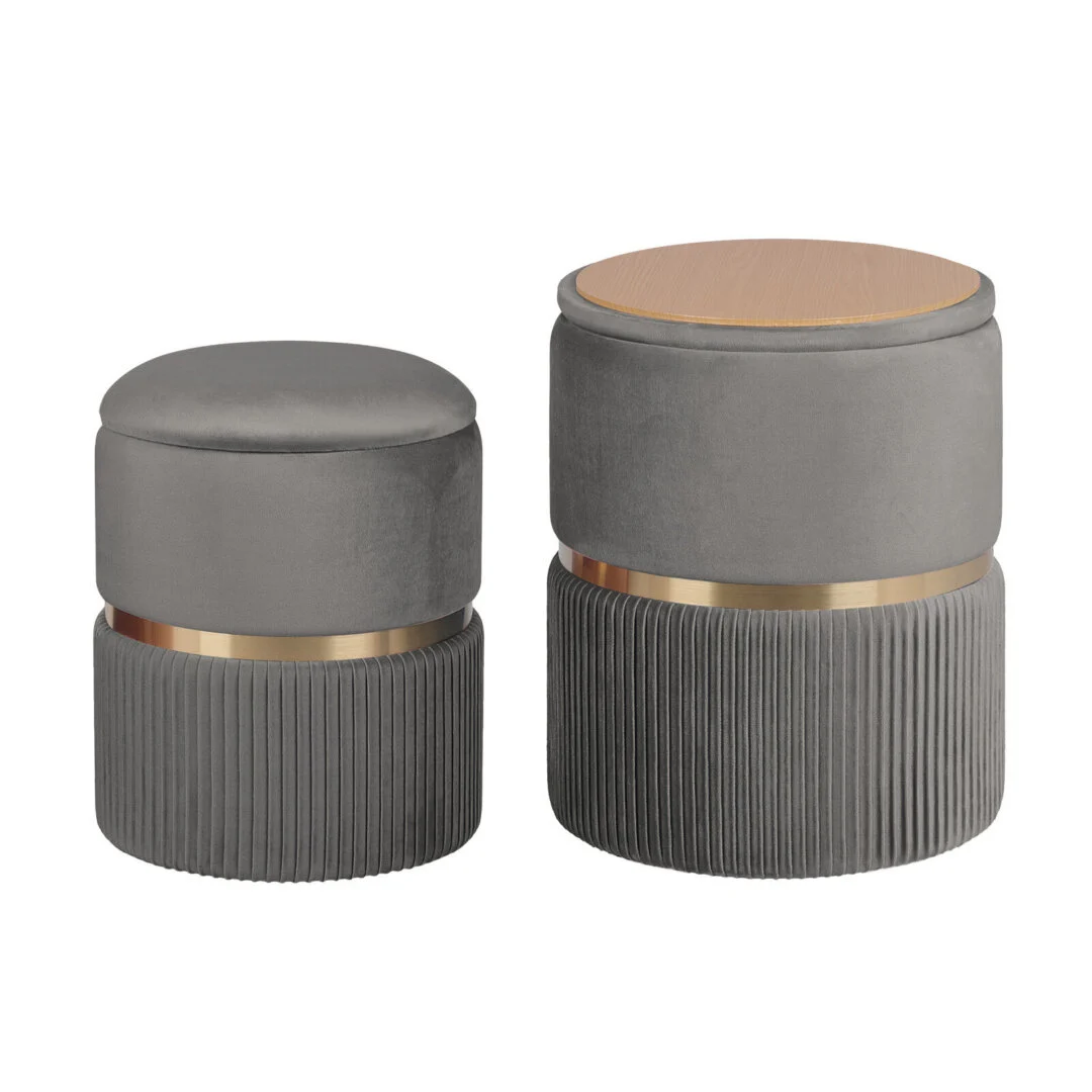 2X Side Table Storage Ottoman – Velvet Padded Stool Vanity Footstool REMI Grey