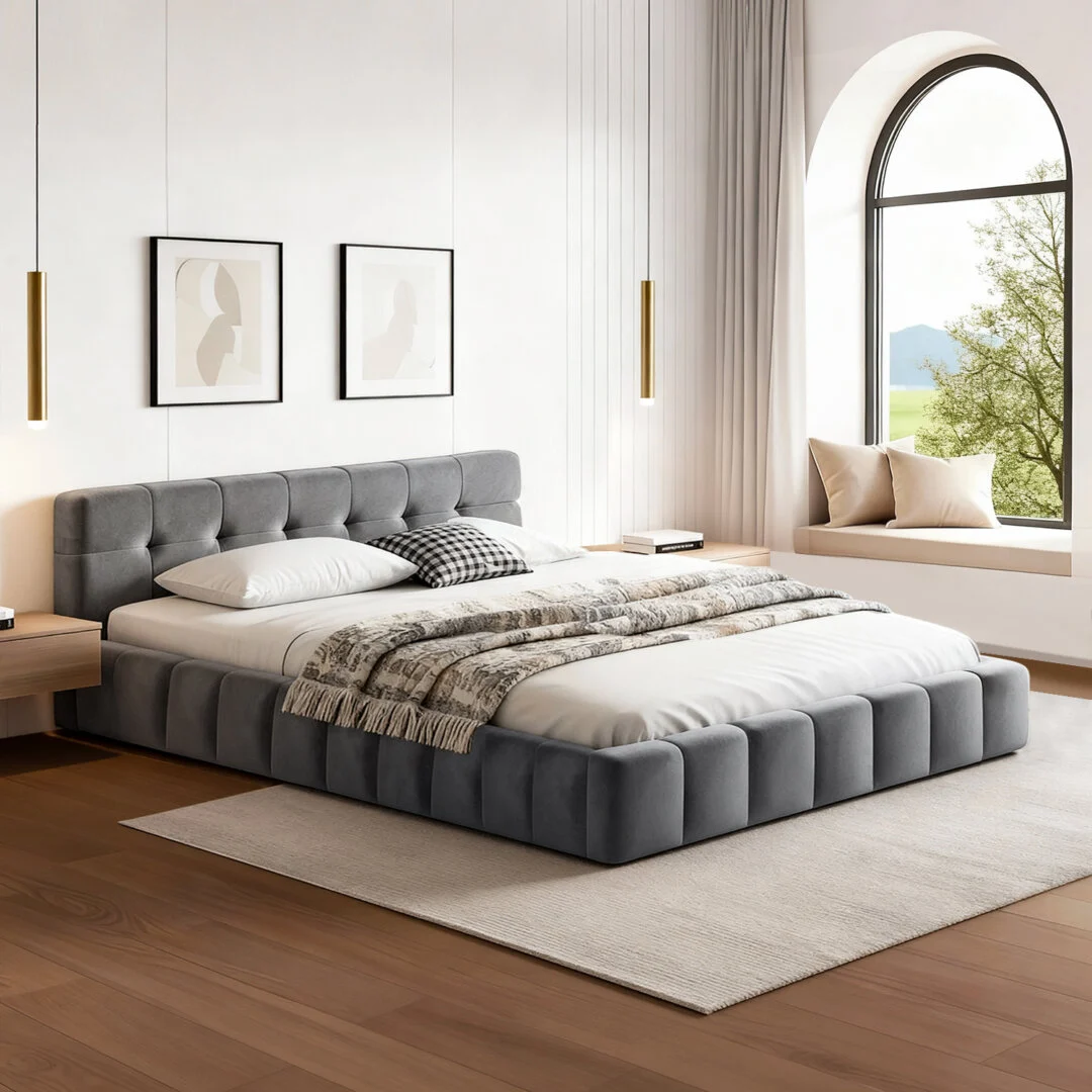 Artiss Double Size Bed Frame Plush Soft Headboard Velvet Platform Base for Modern Bedrooms – Grey