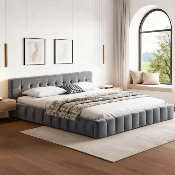 Artiss King Size Bed Frame Plush Soft Headboard Velvet Platform Base for Modern Bedrooms – Grey