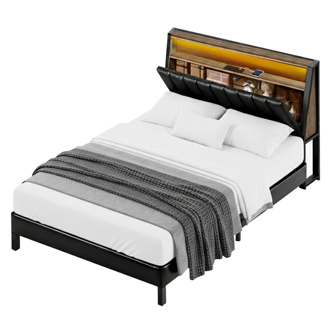 Artiss Double Bed Frame LED Storage Headboard with Charging Station – Black