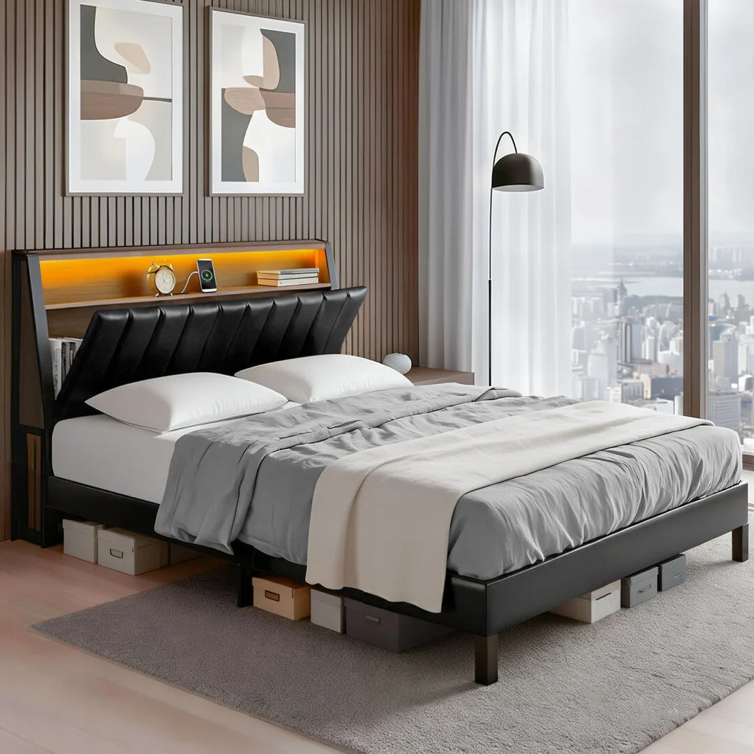 Artiss Queen Bed Frame LED Storage Headboard with Charging Station – Black