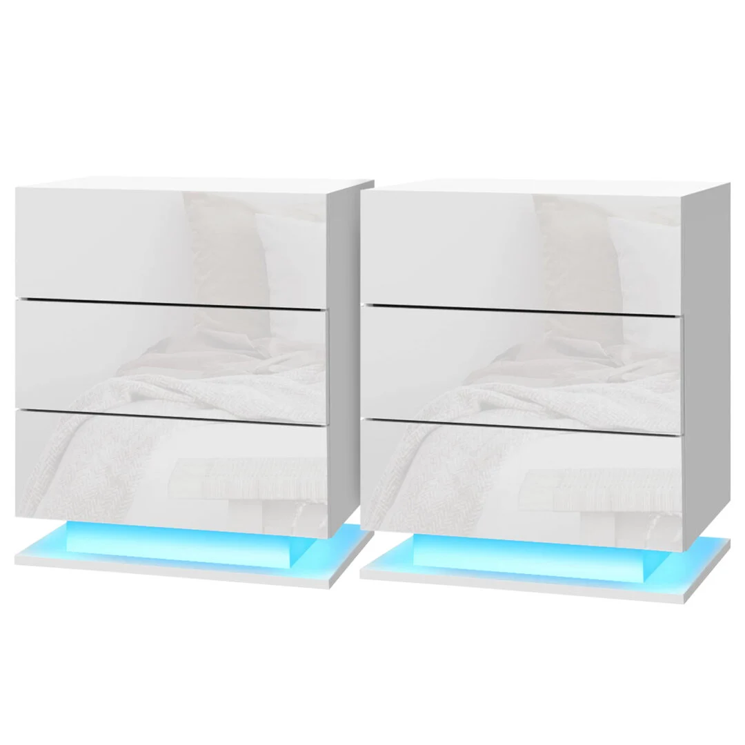Artiss MORI 2x Bedside Table LED 3 Drawers – White