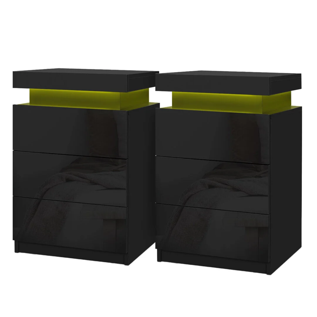 Artiss COLEY 2X Bedside Table LED 3 Drawers – Black