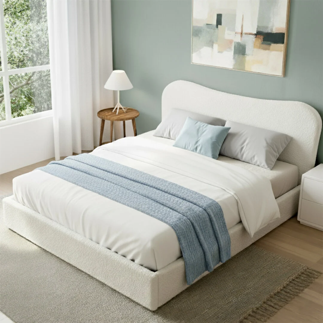 Artiss Queen Bed Frame with Gaslift Storage Wooden Platform Mattress Base Boucle Upholstered – White