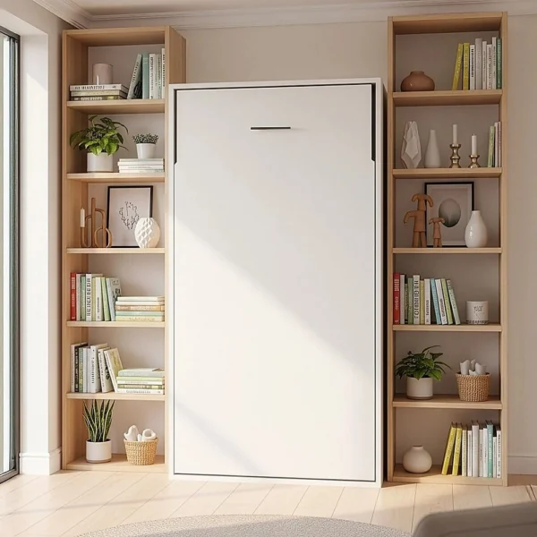Single Wall Bed in White – Space Saving Murphy Bed Kit with Black Door Handle