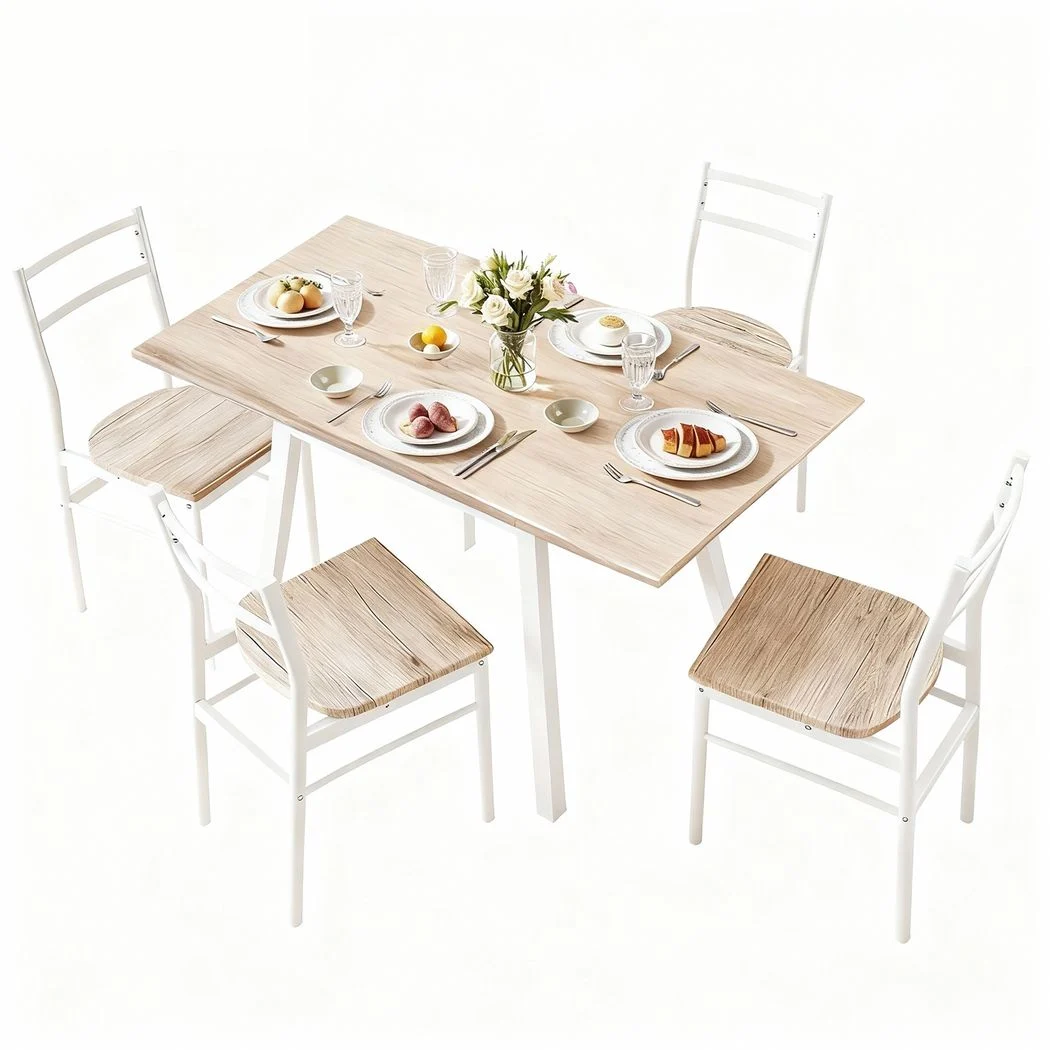 Artiss Dining Table and Chairs Set 5-Piece with Extendable 60-120 cm Drop-Leaf Table Natural – White