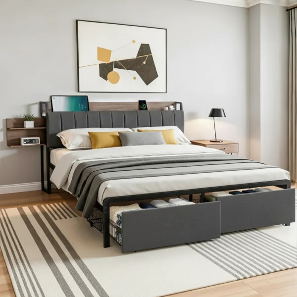 Artiss Metal Bed Frame King Size with 2-Tier Hidden Storage with Charging Station