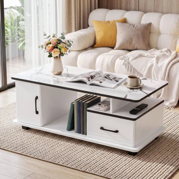 Artiss Coffee Table Marble Finish Centre Table with Storage Drawer Cabinet Wood – White