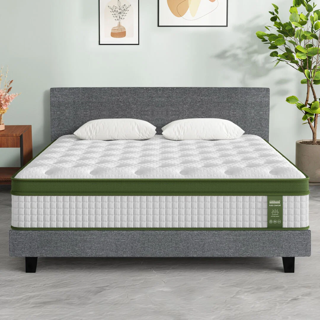 Artiss BedStory King Bed Frame Set with Hybrid Mattress Medium Firm Linen – Grey