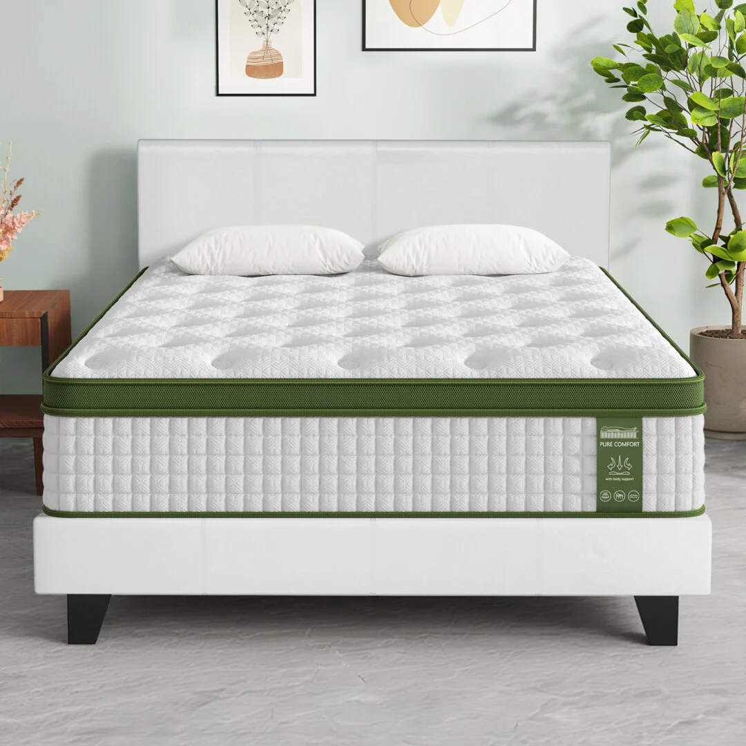 Artiss BedStory Queen Bed Frame Set with Hybrid Mattress and PVC Leather Frame Medium – White