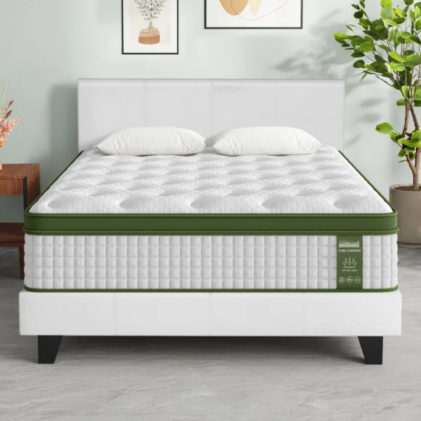 Artiss BedStory Queen Bed Frame Set with Hybrid Mattress and PVC Leather Frame Medium – White
