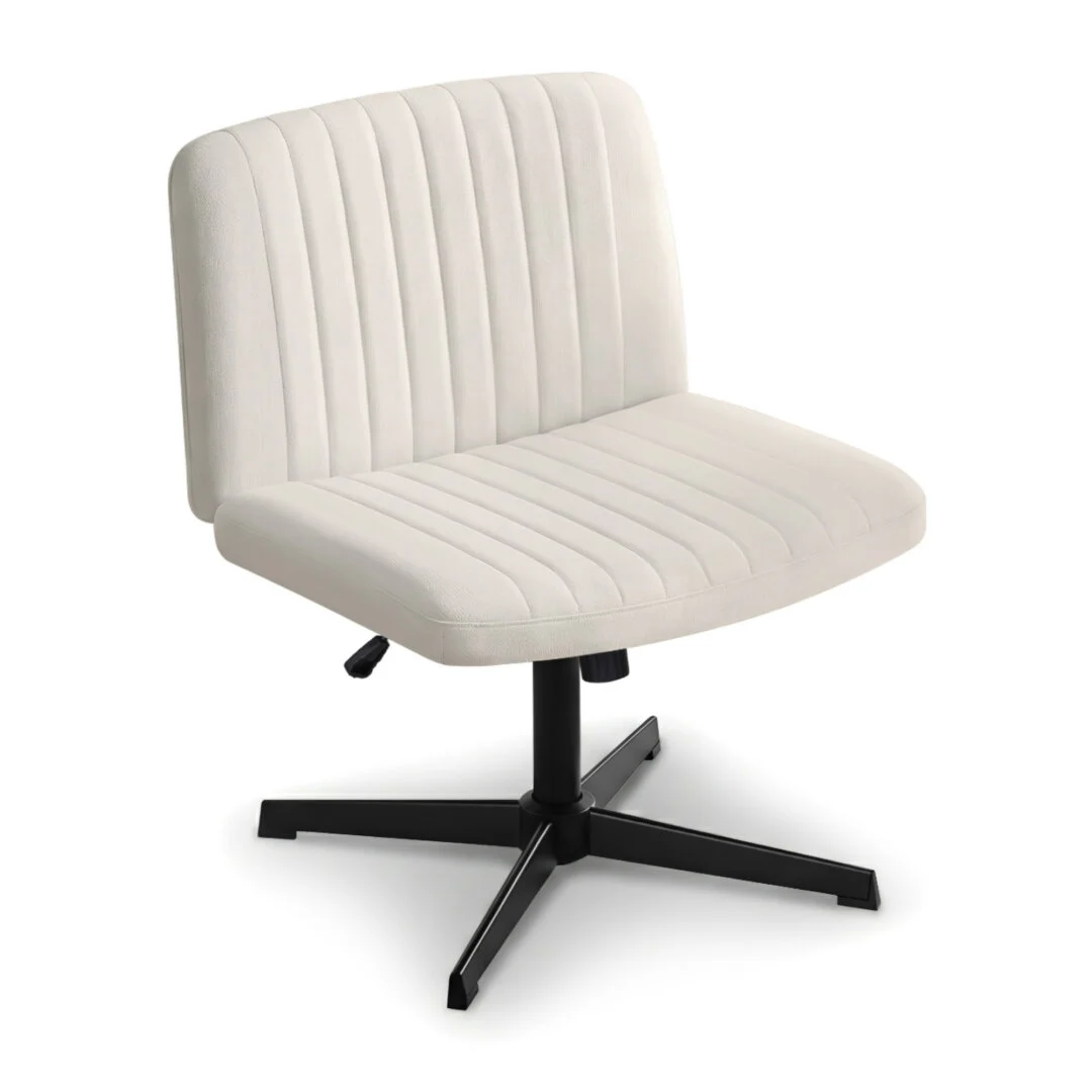 Artiss Criss Cross Chair No Wheels Fabric Wide Cross Legged Office Desk Vanity Chair Armless, Height Adjustable, Swivel Home Office Chair for Home Computer Task, Beige