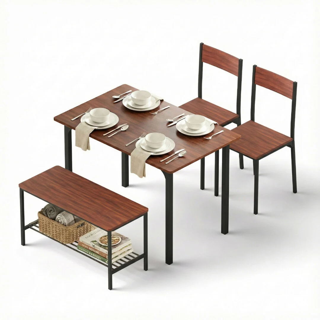 Artiss Dining Table and Chairs Set of 4 Storage Bench Kitchen Furniture – Walnut