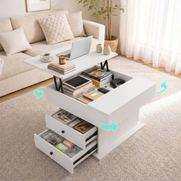 Artiss Lift Top Coffee Table Centre Table with Rotating Top Hidden Storage – White