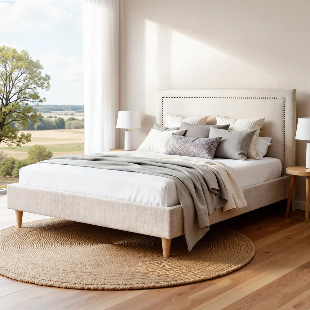 Artiss Queen Bed Frame Platform Bed Base Upholstered Headboard Linen Fabric – Beige