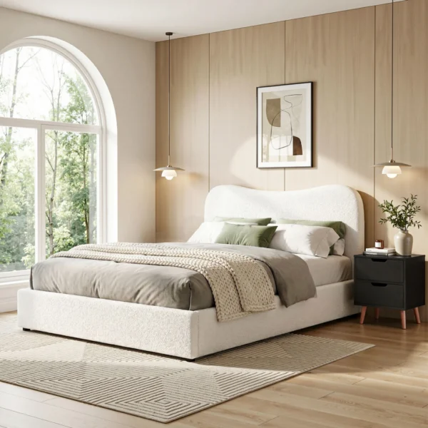 Artiss Double Bed Frame and Bedside Table Set Boucle Beige with Headboard Black Nightstand