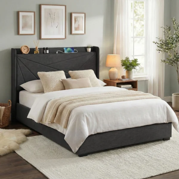 Artiss Double Bed Frame Gas Lift Storage Bed with Charging Ports Upholstered Geometric Headboard – Charcoal Grey