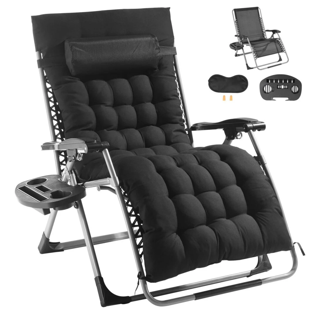 Zero Gravity Chair, 33 Inch Zero Gravity Recliner Lounge Chair for Indoor and Outdoor, Adjustable Anti Gravity Chair with Cushion, Headrest, Footrest, and Cupholder, 500 Lbs, Black
