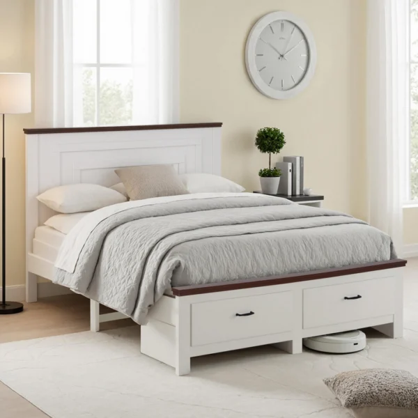 Artiss Double Wooden Bed Frame with 2 Drawer Platform Bed with 108 cm Solid High Headboard White Bed Base for Bedroom Easy Assembly