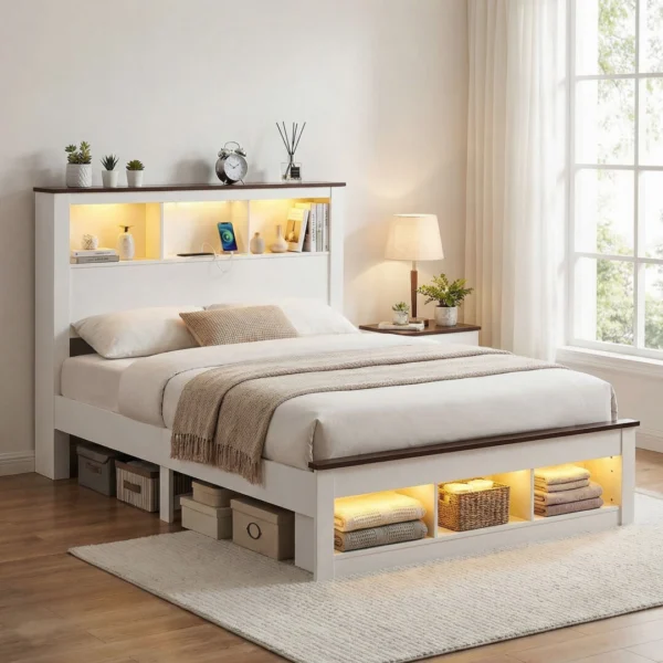 Artiss Queen Bed Frame with Storage Bookcase Headboard and Footboard White Wooden Platform Bed with Charging Station and LED Light Bedroom Furniture
