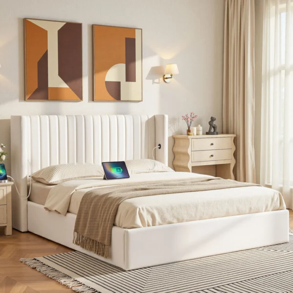 Artiss Double Bed Frame with Gaslift Storage USB Type-C Charging Ports Velvet Upholstery – White