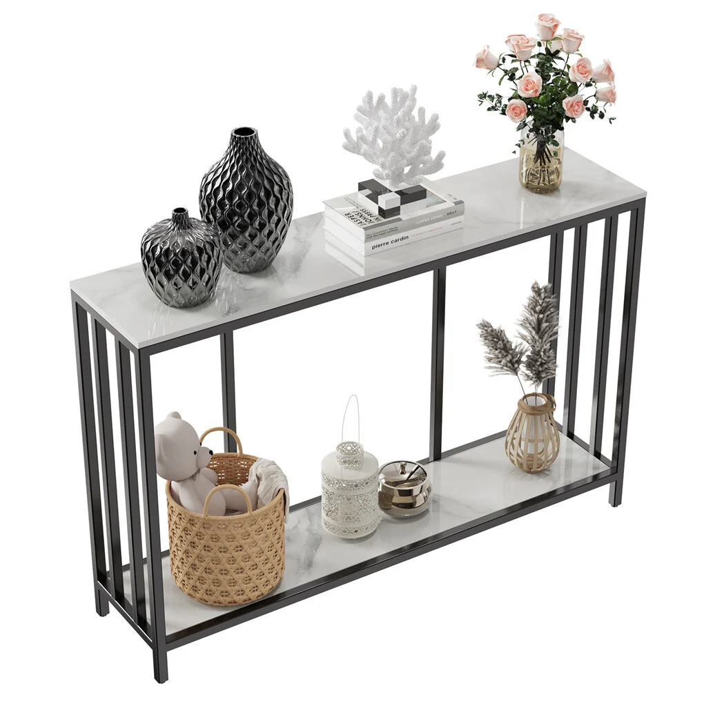 2-Tier White Marble-Look Sintered Stone Entryway Console Table Extra Long Foyer Couch Table