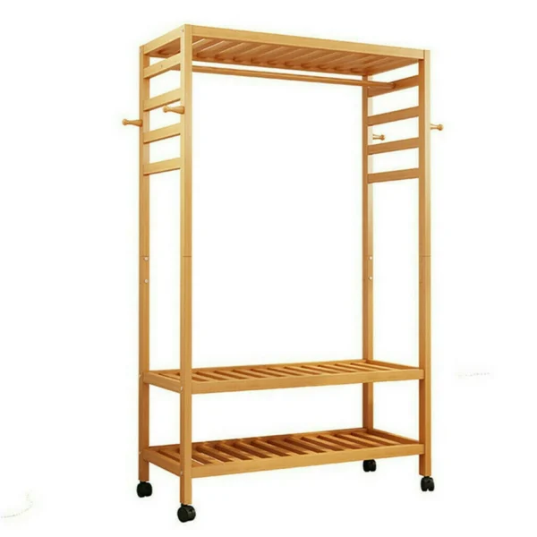 169 cm Mildrew-Proof Bamboo Clothes Shelves Stand on Wheels Coat Shoes Bags Rack