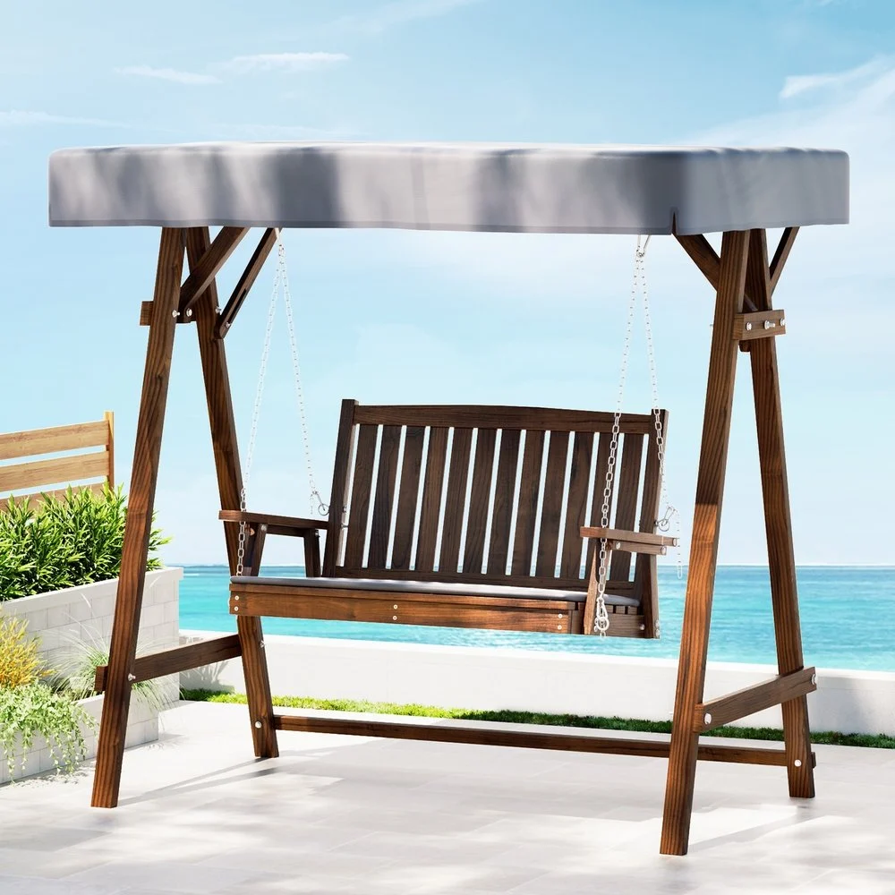 Gardeon Outdoor Wooden Swing Chair Garden Bench Canopy Cushion 2 Seater – Charcoal