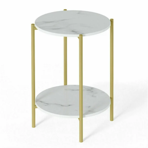 E Store – Marble Sofa Side End Table/Coffee Table with Shelf & Gold Iron Legs