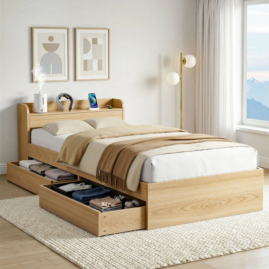 Artiss Single Bed Frame with 2 Storage Drawers Platform Bed Base with USB Ports Sturdy Wooden Slat Support – Natural