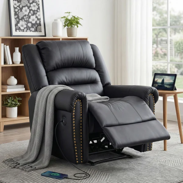 Artiss Faux Leather Manual Recliner Chair with USB Charge Port, Overstuffed Armchair Sofa for Living Room and Nursery, Adjustable Theatre Reclining Lounge with Comfortable Wide Seat, 150 kg Capacity, Black