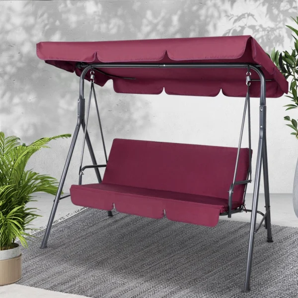 Gardeon Outdoor Swing Chair Garden Bench Furniture Canopy 3 Seater Wine – Red