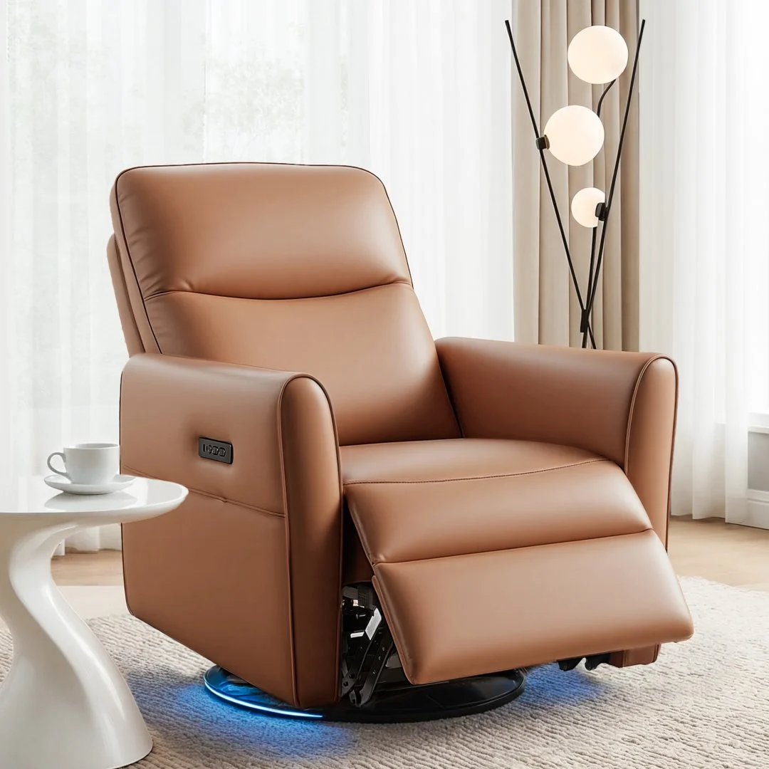 Artiss Swivel Recliner Chair PU Leather Rocking Reclining Sofa with Charging Ports LED – Brown
